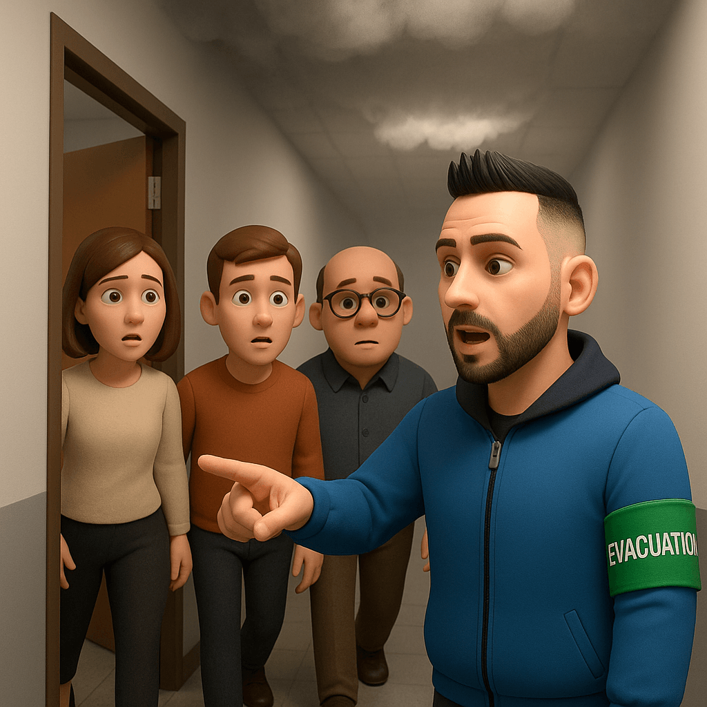 Exercice de sécurité incendie avec guides files et serres files lors d'une évacuation