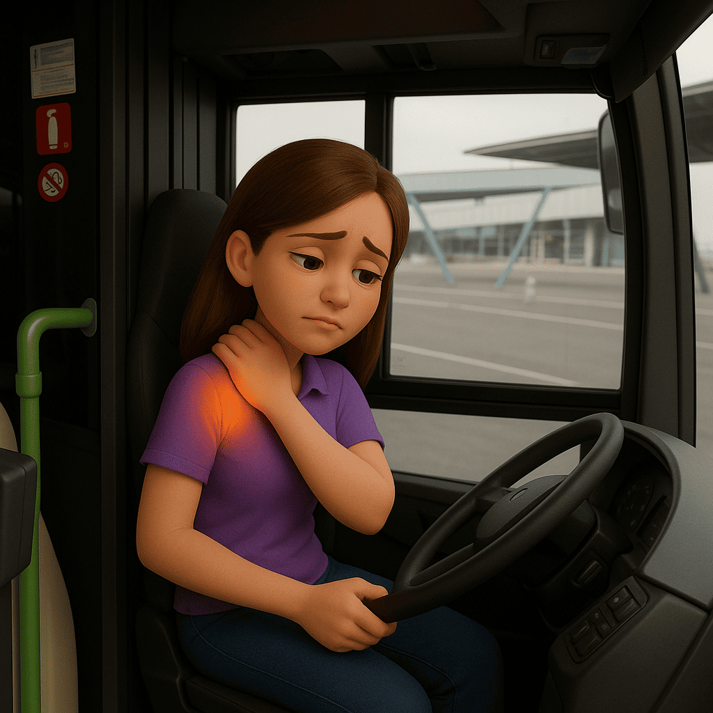 Formation gestes et postures pour conducteurs : formateur montrant les réglages ergonomiques optimaux d'un siège de conducteur de bus pour prévenir les douleurs dorsales