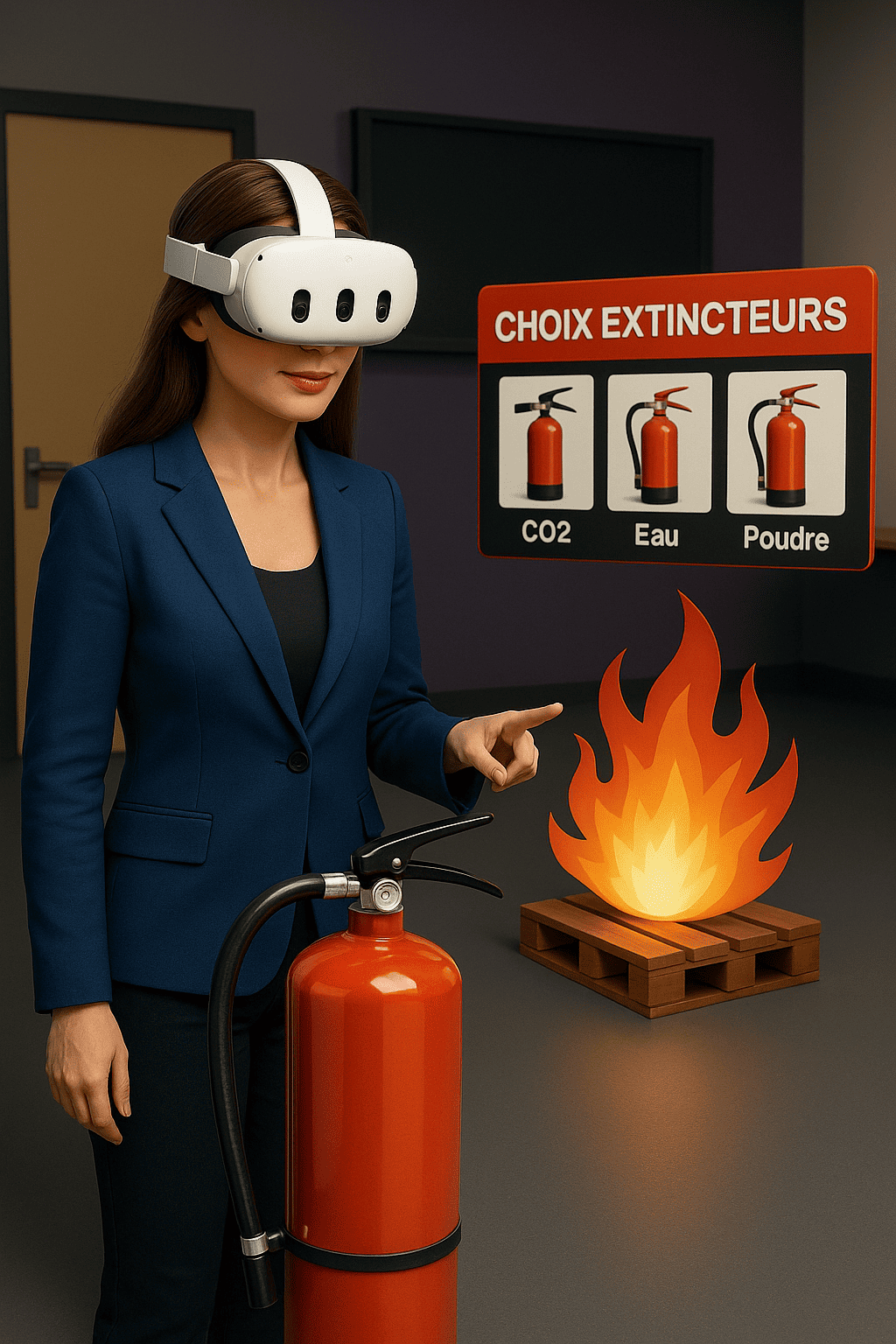 Atelier Fire VR : participant équipé d'un casque de réalité virtuelle manipulant une manette simulant un extincteur sur un feu virtuel