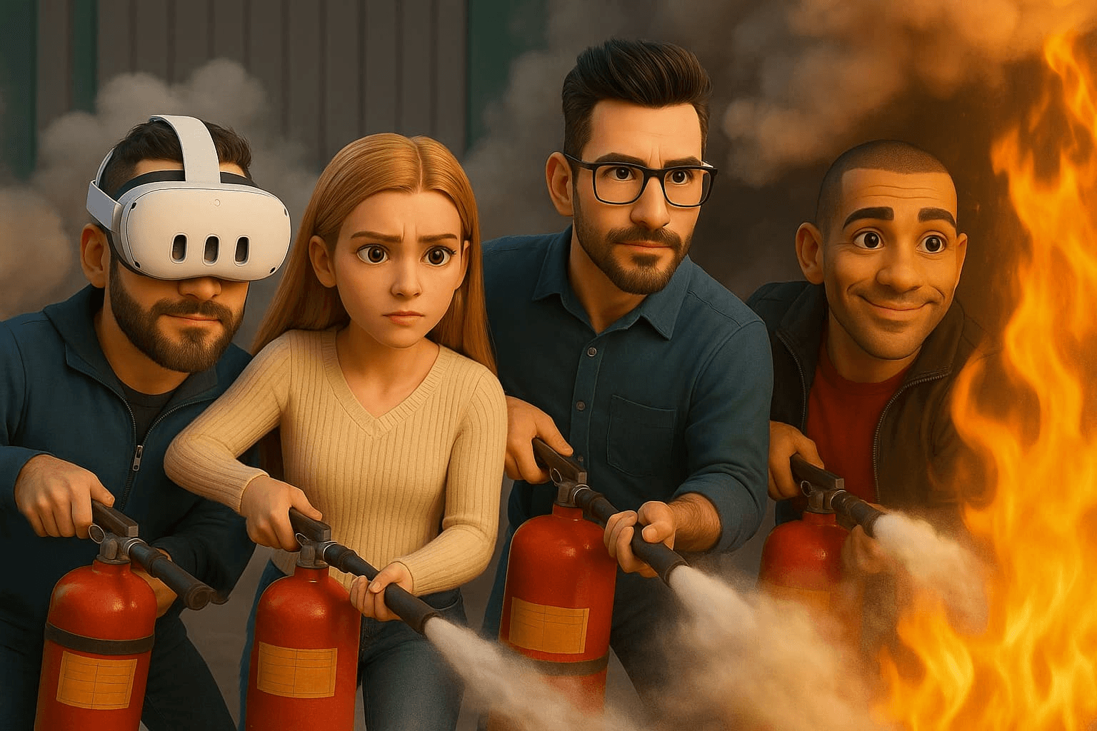 Illustration de formateurs en sécurité incendie avec un pompier et un employé utilisant un extincteur face à des flammes