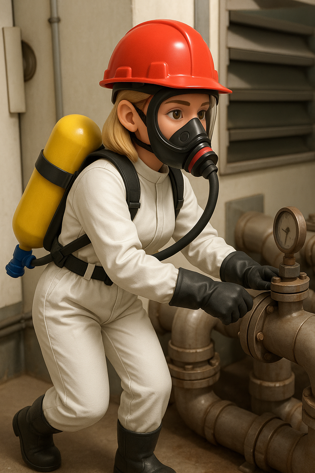 Formateur présentant un appareil respiratoire isolant (ARI) lors d'une session de formation