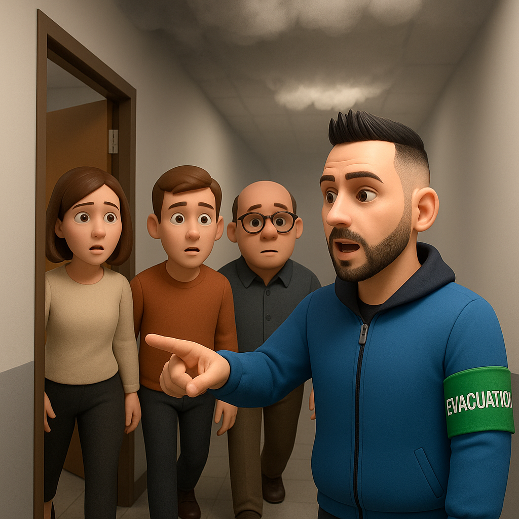 Exercice de sécurité incendie avec guides files et serres files lors d'une évacuation