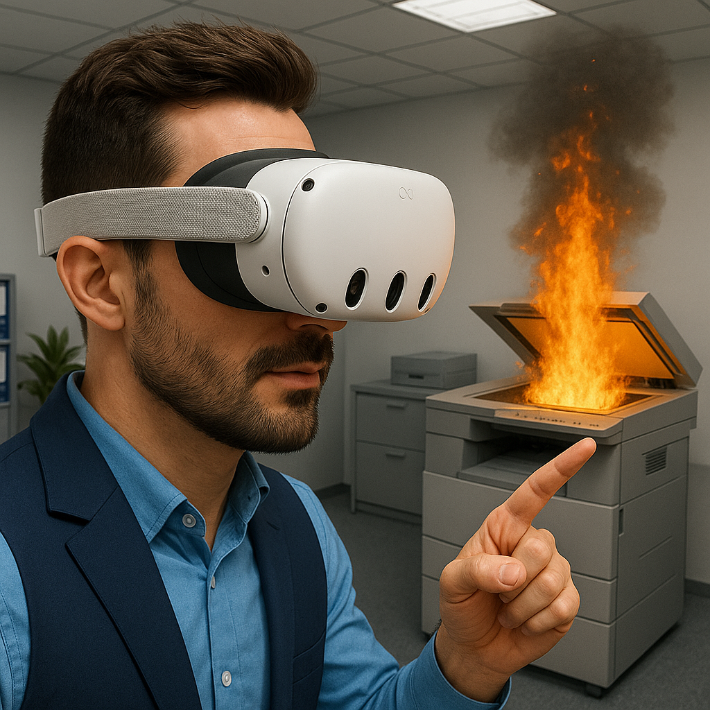 Participant utilisant un casque de réalité virtuelle pour la formation manipulation d'extincteurs