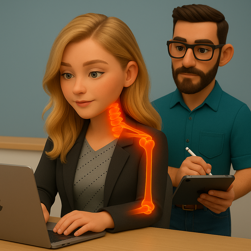 Formation gestes et postures pour personnel administratif : ergonome ajustant la position d'un écran d'ordinateur et la hauteur d'un siège de bureau pour une posture de travail optimale