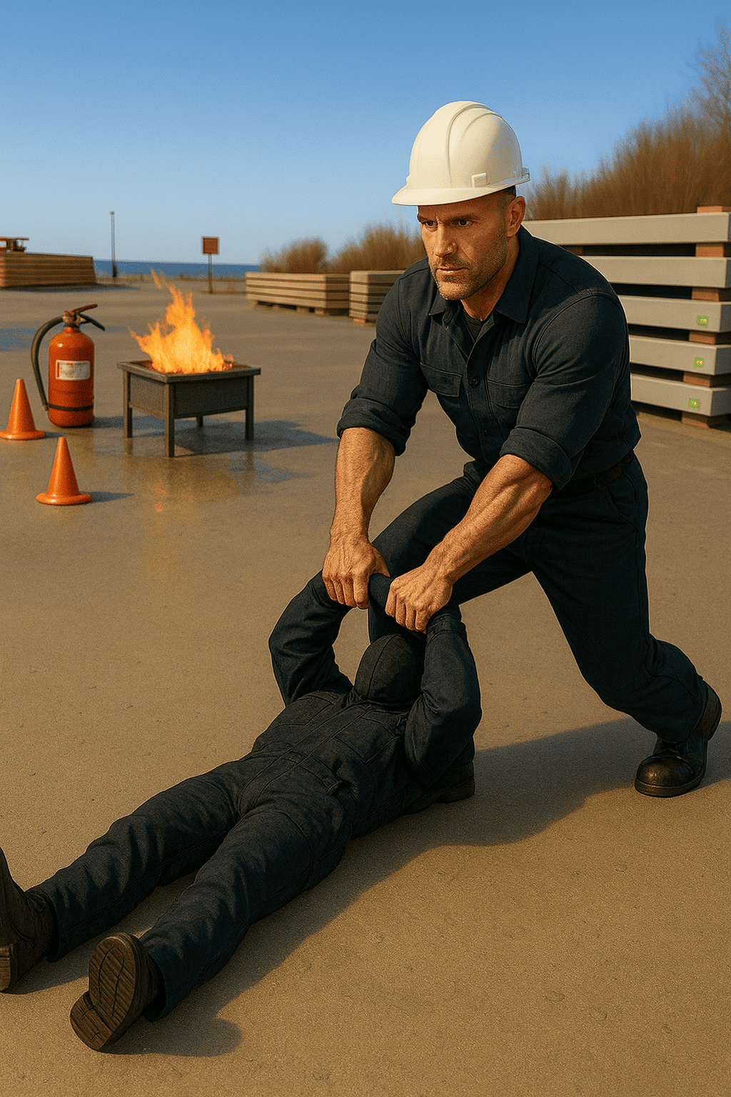 Atelier Fire & Rescue : participant utilisant un extincteur sur un simulateur de feu pendant un exercice chronométré de sauvetage dans le cadre d'une journée sécurité